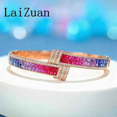 LaiZuan Solid 18K Yellow Gold Unique Rainbow Natural Diamond Bracelet Colorful Gemstones Jewelry Wedding Bride Anniversary Gifts - The Sparkling Squirrels & Co. 
