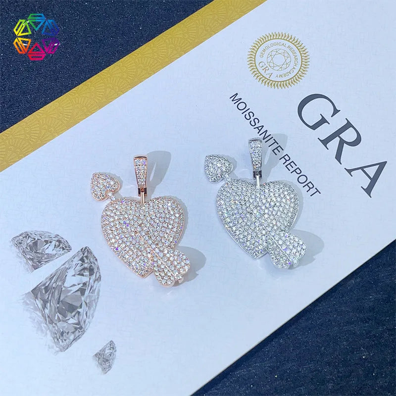 Diamond hair new men's and women's heart-shaped hip-hop pendant 925 silver D-color moissanite full inlaid 3mm tennis chain neckl