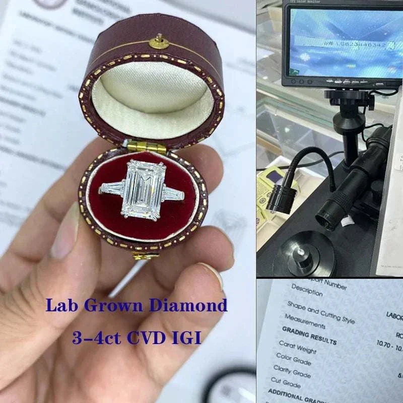 Vow of Eärendil engagement ring with large emerald-cut lab-grown diamond in white gold setting displayed in a vintage-style ring box next to diamond grading magnification equipment.