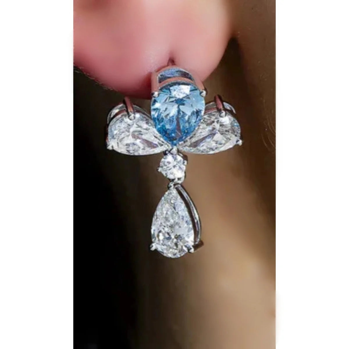 Fancy Vivid Blue Pear Shape Lab Grown Diamond Drop Earrings White Diamond Accents In PT950/14K/18K White Gold