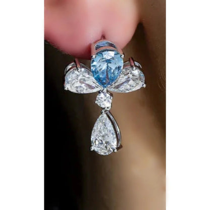 Fancy Vivid Blue Pear Shape Lab Grown Diamond Drop Earrings White Diamond Accents In PT950/14K/18K White Gold