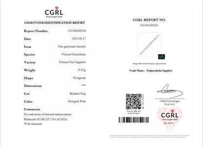 Certification report for The Rosefire Legacy 18K gold bracelet with natural star-shaped orangish pink unheated sapphires.