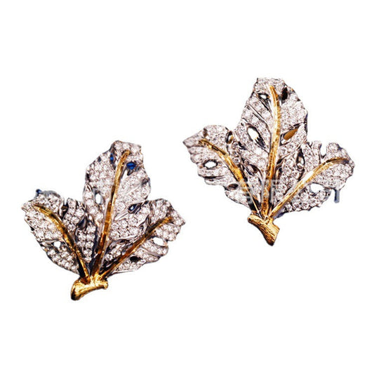 Retro style 18K gold diamond double flower and leaf brushed carving gold clip-on earrings