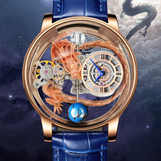 Men's Fashion Tourbillon watch with rose gold case, blue leather strap, and intricate dragon design.