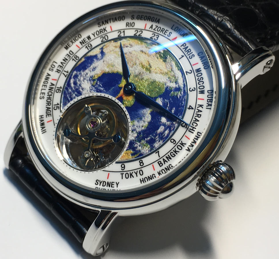 3D globe tourbillon round watch with mechanical movement and leather band