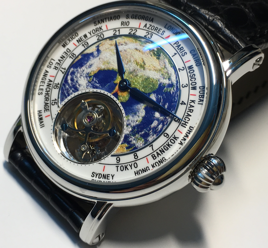 3D globe tourbillon round watch with mechanical movement and leather band