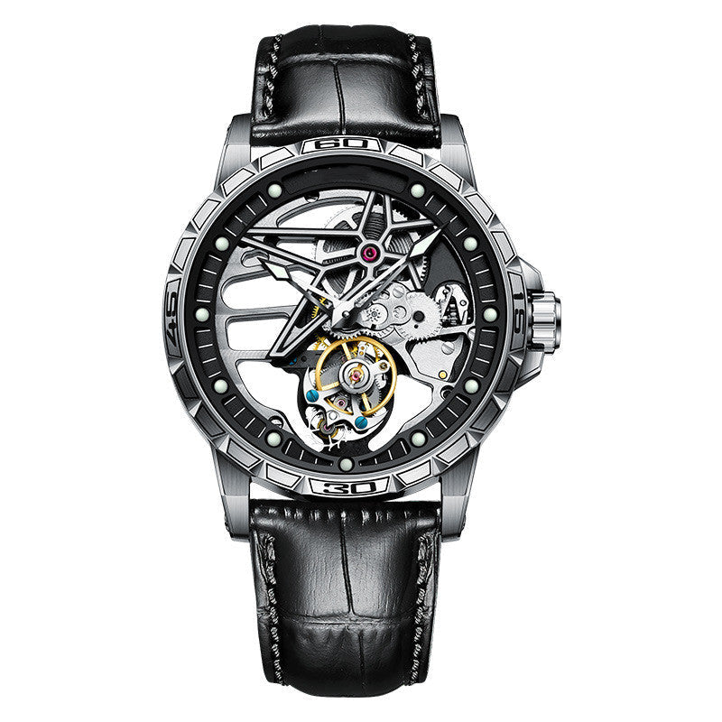 Starforged Carapace mechanical wristwatch with black leather strap and exposed intricate gears