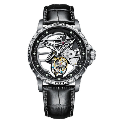 Starforged Carapace mechanical wristwatch with black leather strap and exposed intricate gears