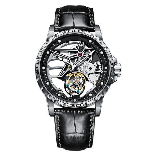 Starforged Carapace mechanical wristwatch with black leather strap and exposed intricate gears