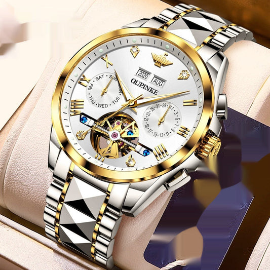 Hollow automatic mechanical waterproof men's watch with gold and silver stainless steel strap and sapphire crystal dial