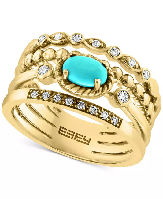 EFFY 14K gold multirow ring with turquoise center stone and diamond accents