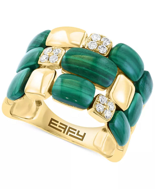 14K gold triple-row ring featuring malachite stones and diamond accents by Effy