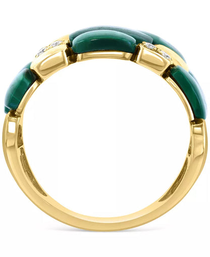 14K gold ring with triple-row malachite stones and diamond accents, Verdant Oracle design