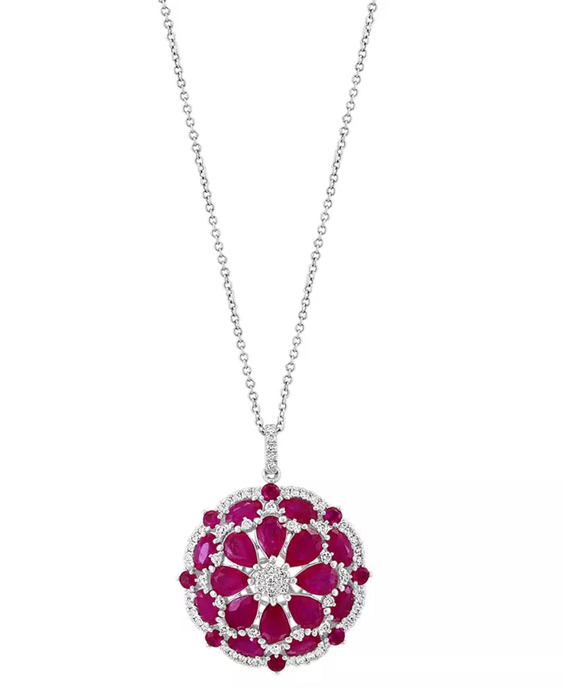 EFFY® flower-inspired pendant necklace with rubies and diamonds set in 14K white gold on an 18-inch cable chain