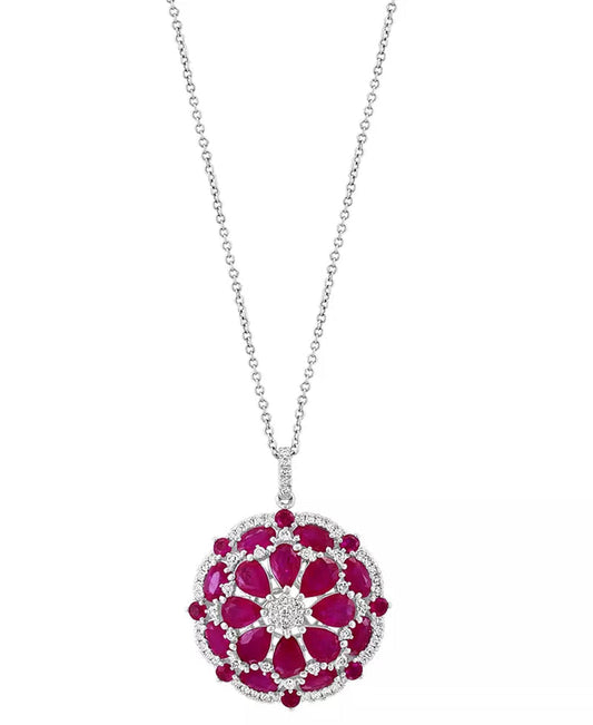 EFFY® flower-inspired pendant necklace with rubies and diamonds set in 14K white gold on an 18-inch cable chain