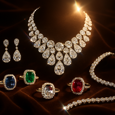  generate an image related to a shining diamonds and precious stones sets of jewels that express "A legacy forged in light, for one."