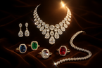  generate an image related to a shining diamonds and precious stones sets of jewels that express "A legacy forged in light, for one."