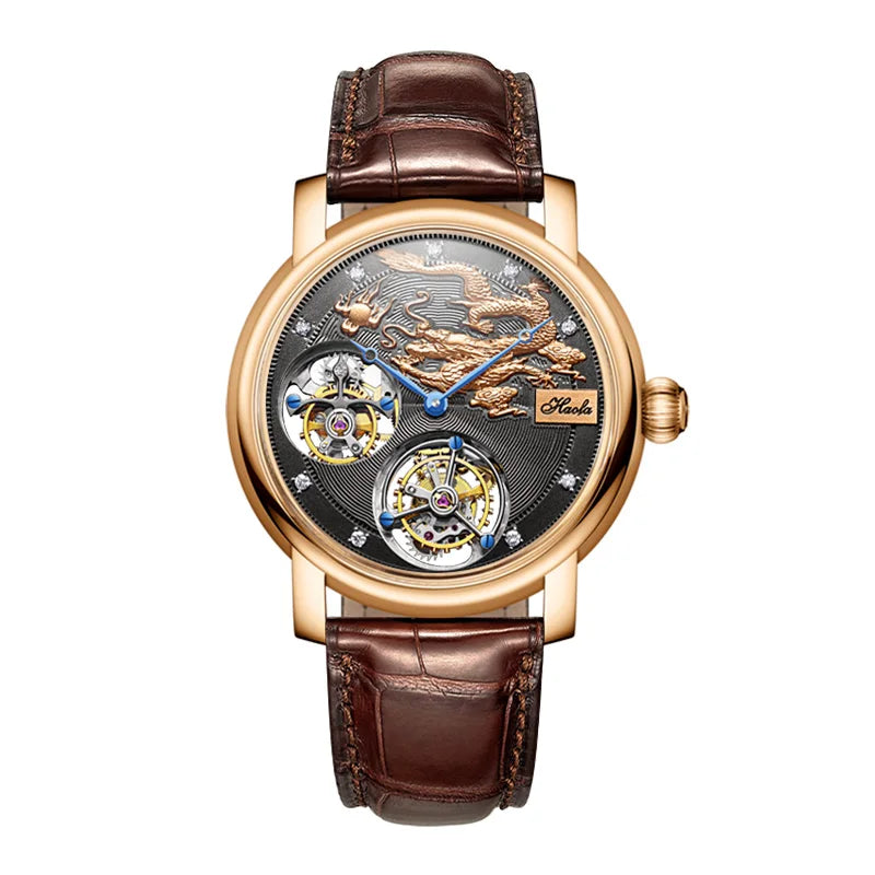 HAOFA 18K gold double-tourbillon skeleton watch with brown leather strap and intricate dragon design on dial