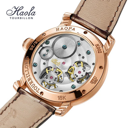 Back view of HAOFA 18K gold double-tourbillon skeleton watch with visible intricate mechanical movement and leather strap.