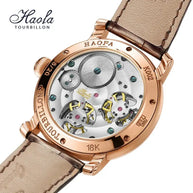 Back view of HAOFA 18K gold double-tourbillon skeleton watch with visible intricate mechanical movement and leather strap.