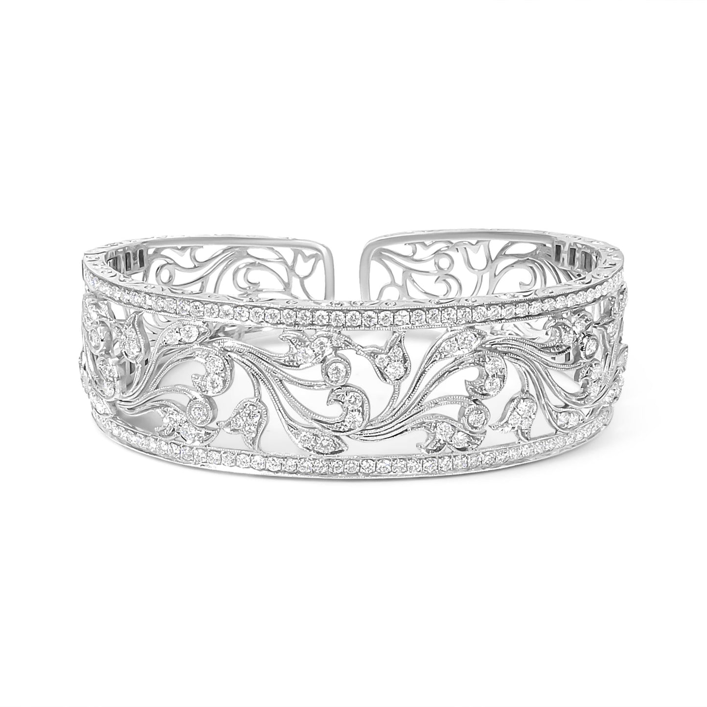 18K white gold openwork floral filigree swirl bangle cuff bracelet with 3 1/4 cttw pave diamonds