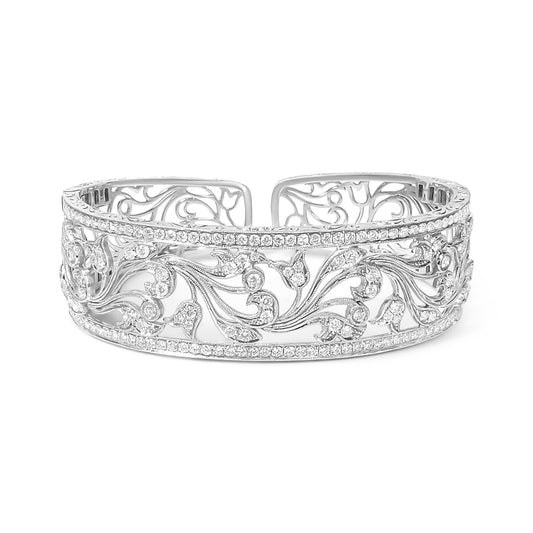18K white gold openwork floral filigree swirl bangle cuff bracelet with 3 1/4 cttw pave diamonds