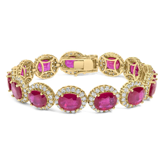 14K yellow gold bracelet with 34 carat oval red rubies and 6.4 carat diamond halos, 7.25 inches long