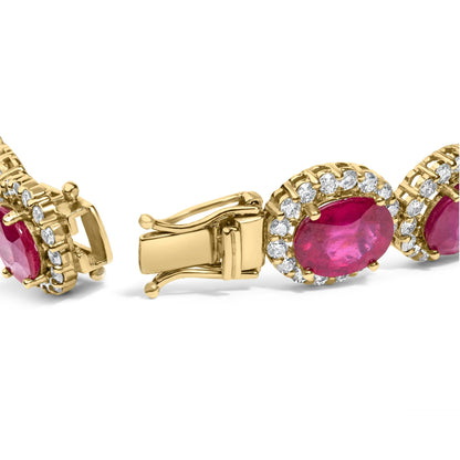 14K Yellow Gold 6 2/5 Cttw Diamond and 34.0 Cttw Oval Red Ruby Halo Link Bracelet (I-J Color, SI1-SI2 Clarity) - 7.25" Inches-1