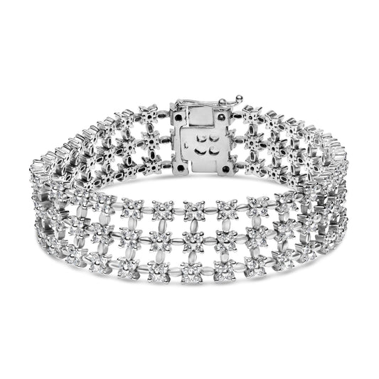 18K white gold 7.5 carat diamond three-row floral link bracelet with rhodium plating and secure clasp