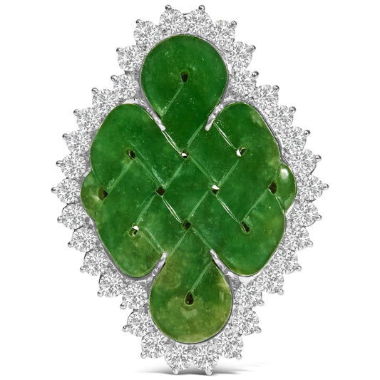 18K white gold brooch pendant with natural carved green jade shield and 2.00 ct diamond halo