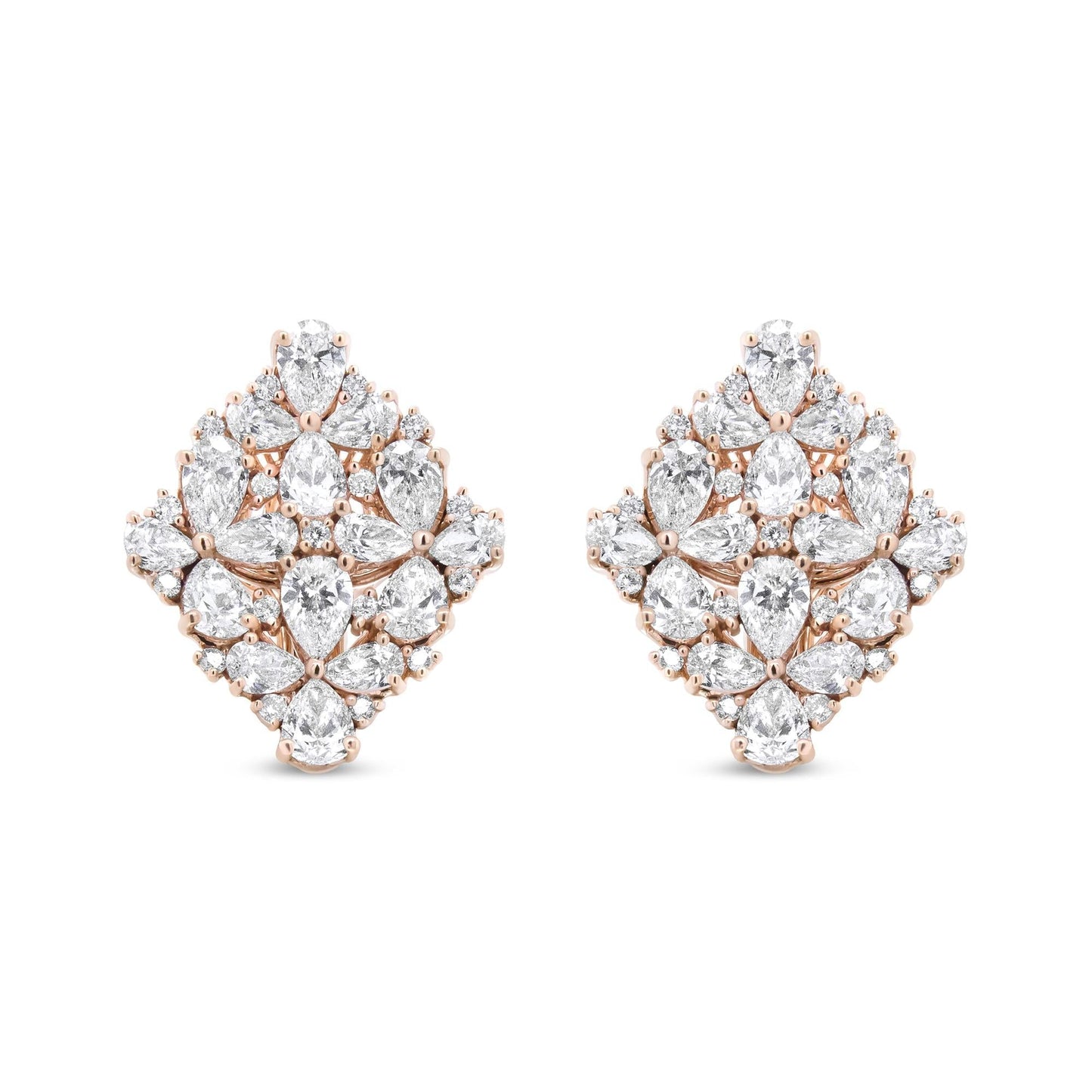 18K rose gold floral cluster earrings with pear and round diamonds totaling 8 1/3 cttw, F-G color, VS1-VS2 clarity, omega clip-on backs