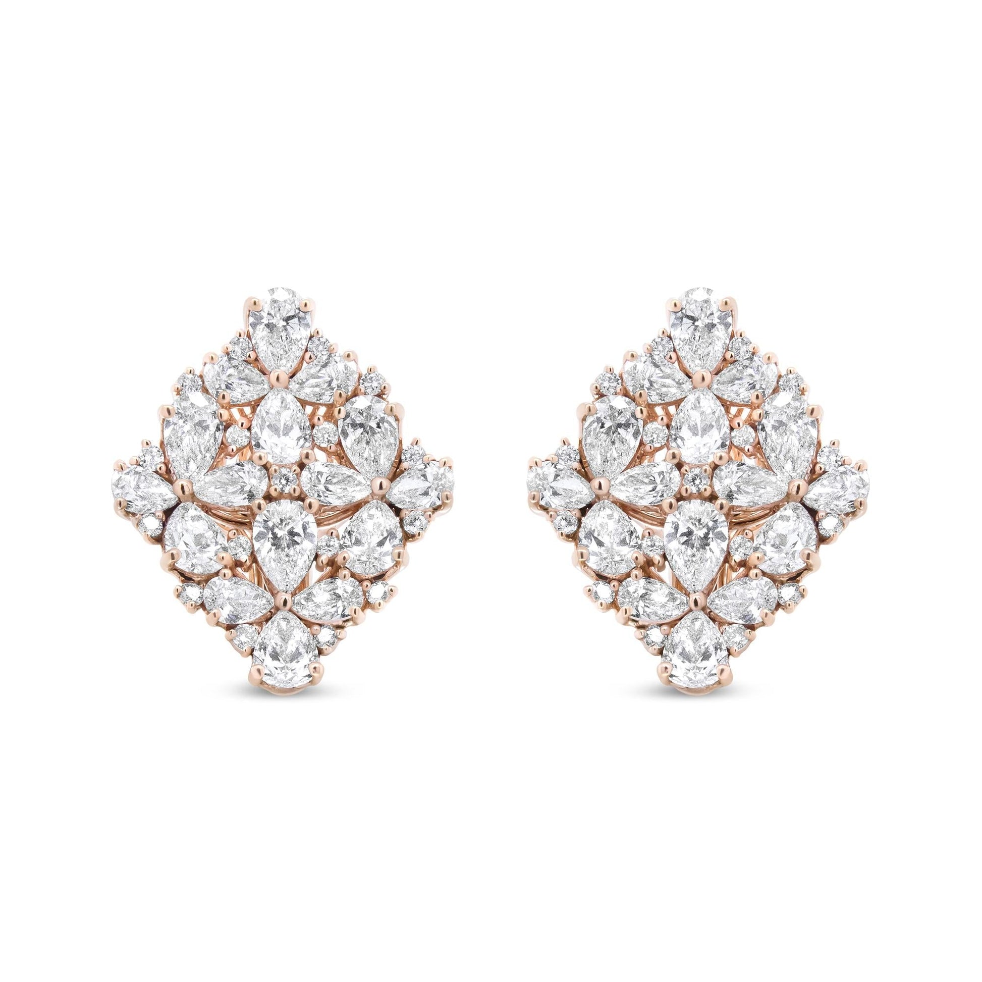 18K rose gold floral cluster earrings with pear and round diamonds totaling 8 1/3 cttw, F-G color, VS1-VS2 clarity, omega clip-on backs