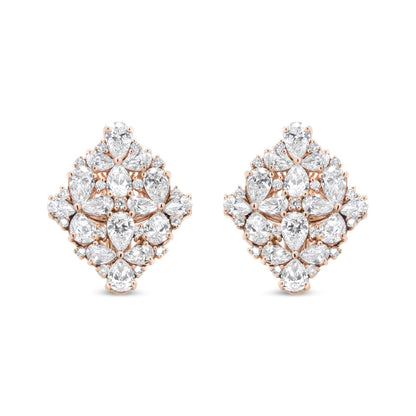 18K rose gold floral cluster earrings with pear and round diamonds totaling 8 1/3 cttw, F-G color, VS1-VS2 clarity, omega clip-on backs