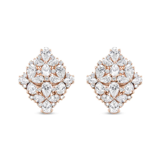 18K rose gold floral cluster earrings with pear and round diamonds totaling 8 1/3 cttw, F-G color, VS1-VS2 clarity, omega clip-on backs