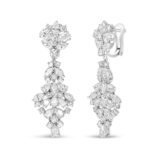 18K white gold drop dangle clip-on earrings with 9.5 carat F-G color VS1-VS2 clarity diamond cluster in marquise, oval, pear, and round shapes