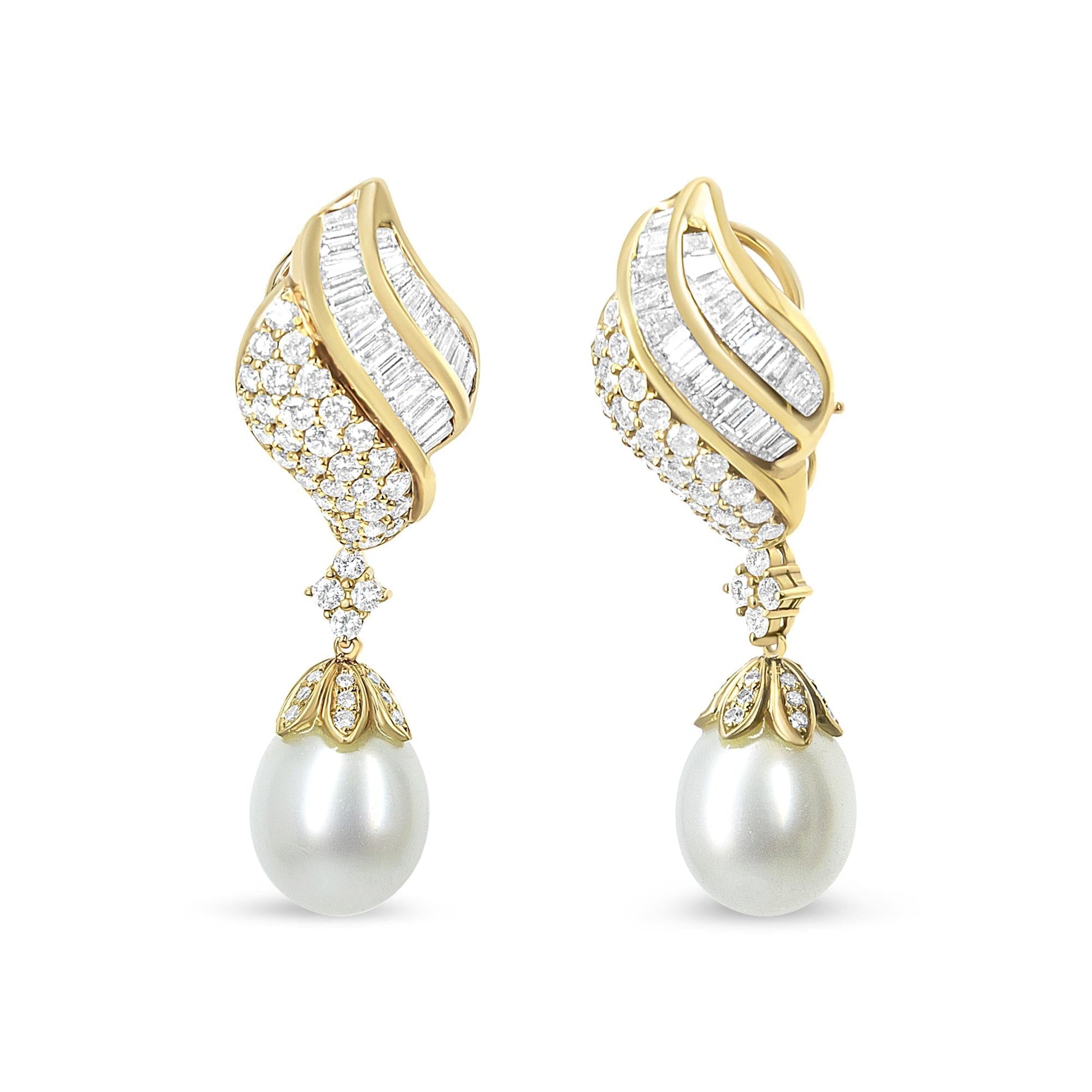 18k yellow gold clip-on earrings with baguette and round diamonds and South Sea pearl drops