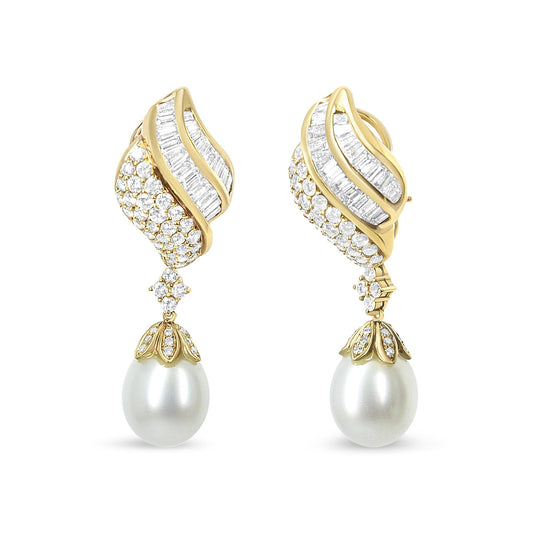 18k yellow gold clip-on earrings with baguette and round diamonds and South Sea pearl drops