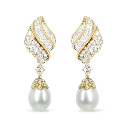 18k Yellow Gold 7.0 Cttw Baguette and Round Diamond South Sea Pearl Drop Dangle Clip-On Earrings (F-G Color, VS1-VS2 Clarity)-1