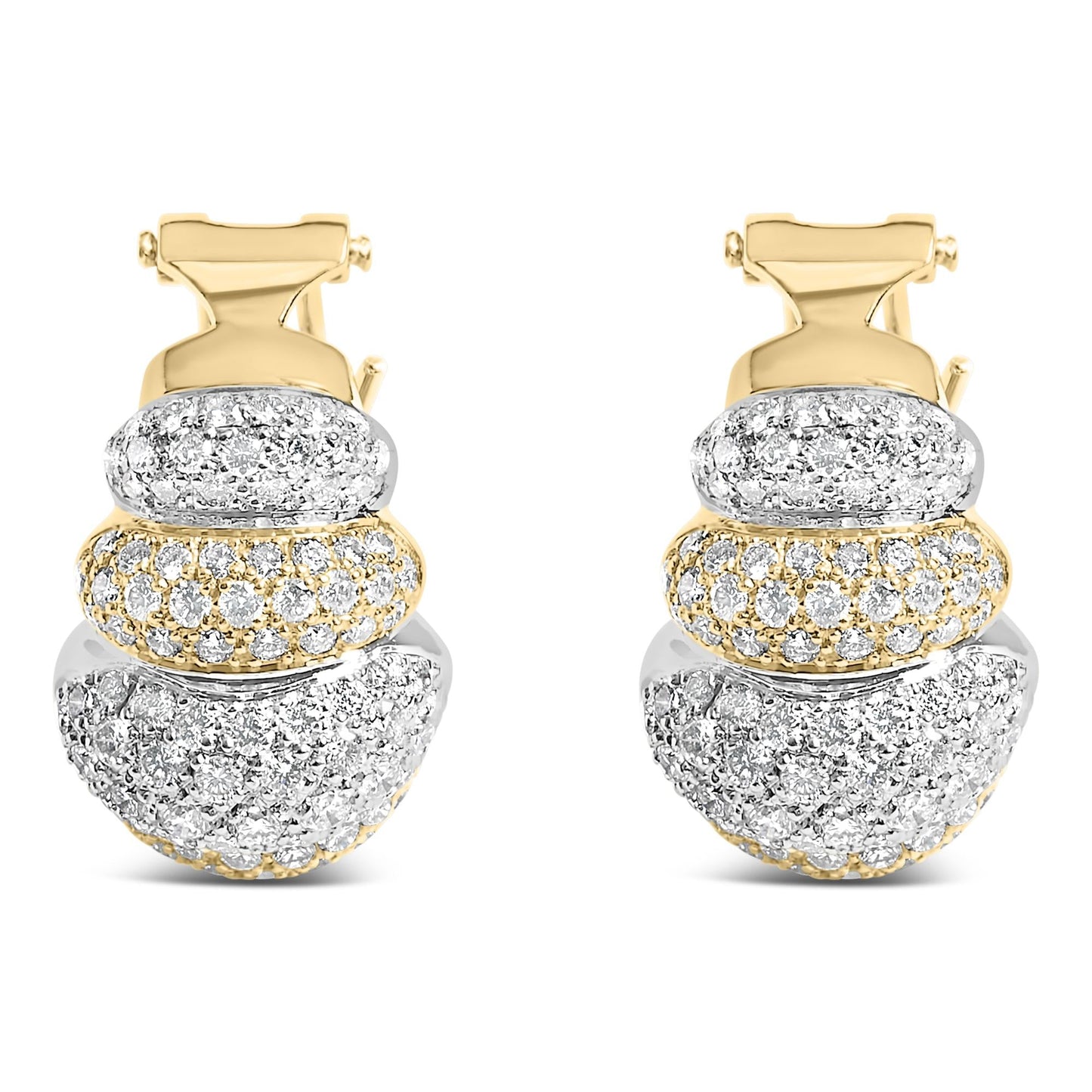 18K two-toned gold three-tier domed button earrings with 5 carats of round diamonds and omega back closure