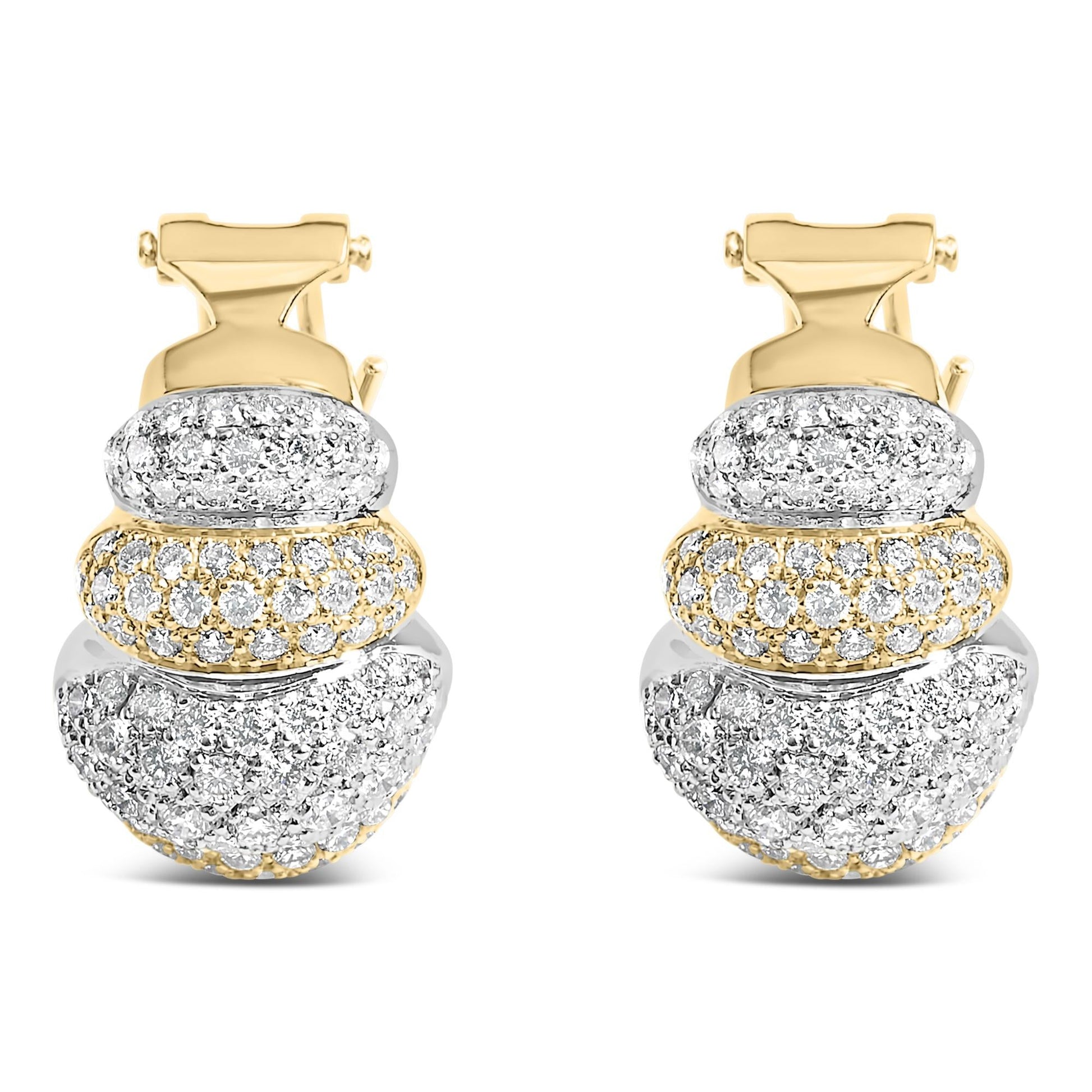 18K two-toned gold three-tier domed button earrings with 5 carats of round diamonds and omega back closure