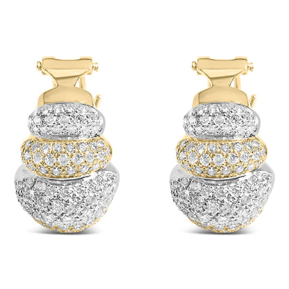 18K two-toned gold three-tier domed button earrings with 5 carats of round diamonds and omega back closure