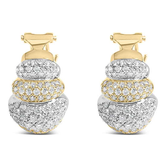 18K two-toned gold three-tier domed button earrings with 5 carats of round diamonds and omega back closure