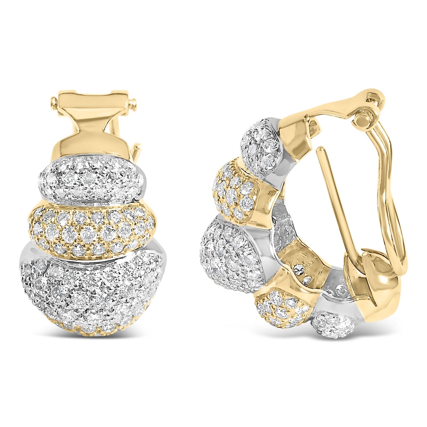 18K Two-Toned Gold 5.00 Cttw Diamond Three-tier Domed Button Omega Back Earrings (G-H Color, VS2-SI1 Clarity)-2