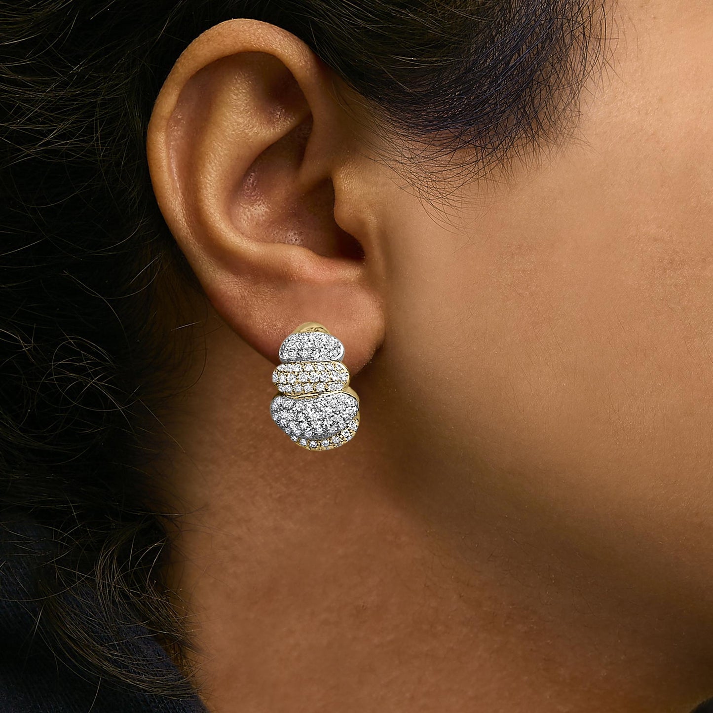 18K Two-Toned Gold 5.00 Cttw Diamond Three-tier Domed Button Omega Back Earrings (G-H Color, VS2-SI1 Clarity)-3