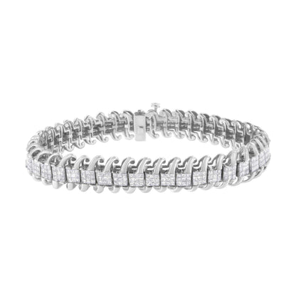 14K white gold tennis bracelet with 5.0 carat princess cut diamonds and wavy S-link design