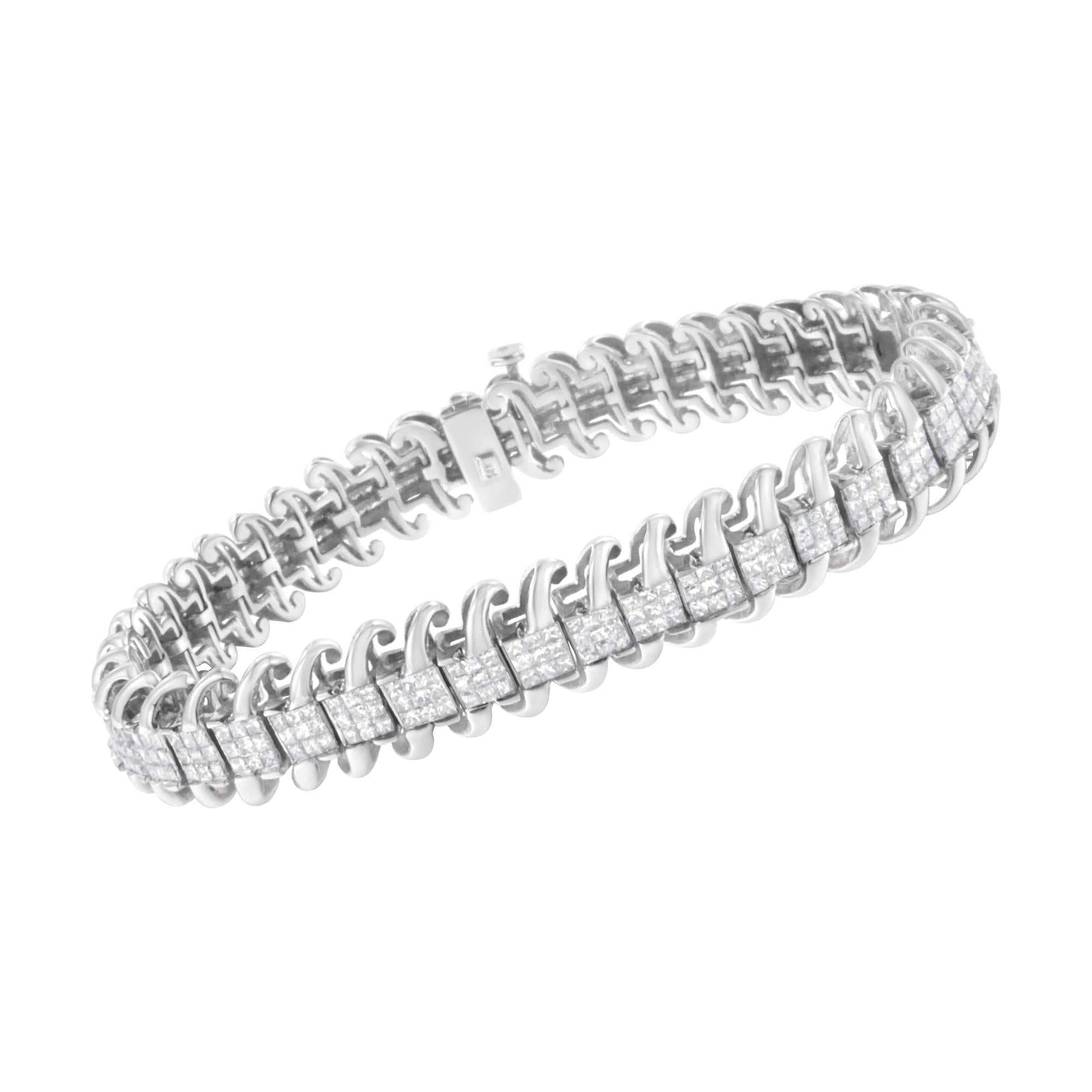 14K White Gold 5.0 Cttw Princess Cut Diamond 7" Invisible Set Wavy S-Link Tennis Bracelet (G-H Color, SI1-SI2 Clarity) - The Sparkling Squirrels & Co. 