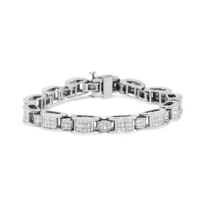 14K white gold tennis bracelet with 5.0 carat princess cut diamonds in alternating size D shaped links