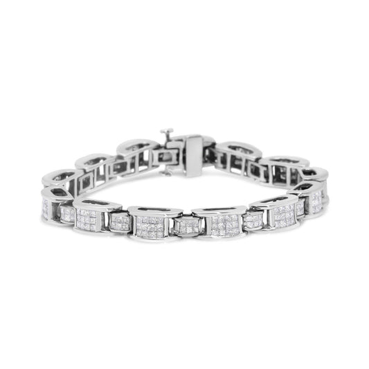 14K white gold tennis bracelet with 5.0 carat princess cut diamonds in alternating size D shaped links