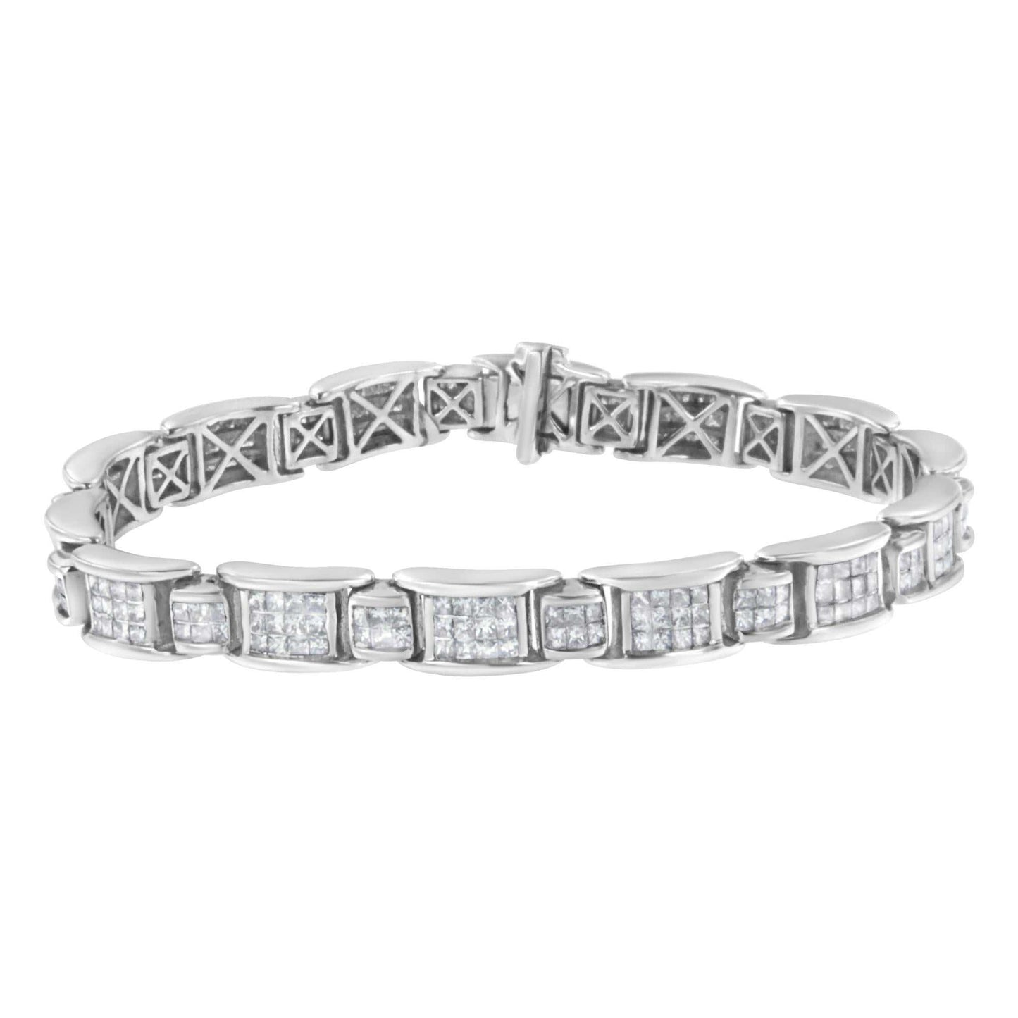14K white gold 7-inch tennis bracelet with alternating rectangular stations featuring princess-cut diamonds totaling 5.0 carats