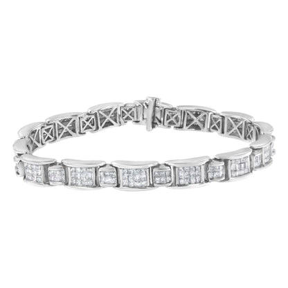 14K white gold 7-inch tennis bracelet with alternating rectangular stations featuring princess-cut diamonds totaling 5.0 carats